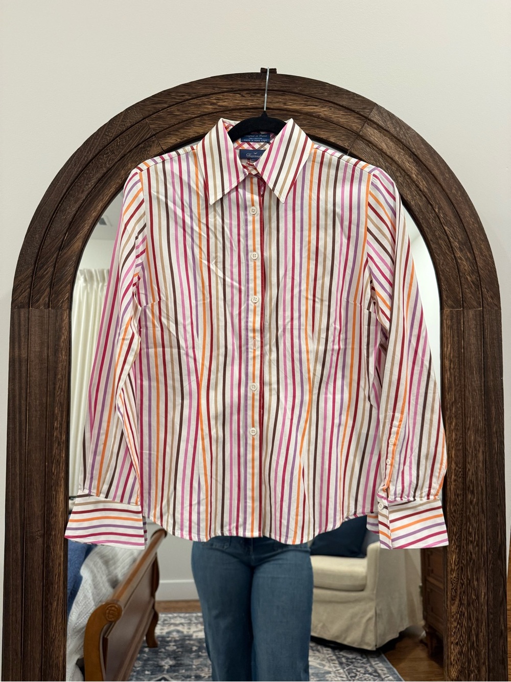 Faconnable Striped Dress Shirt in Cream, Pink, Brown, Orange